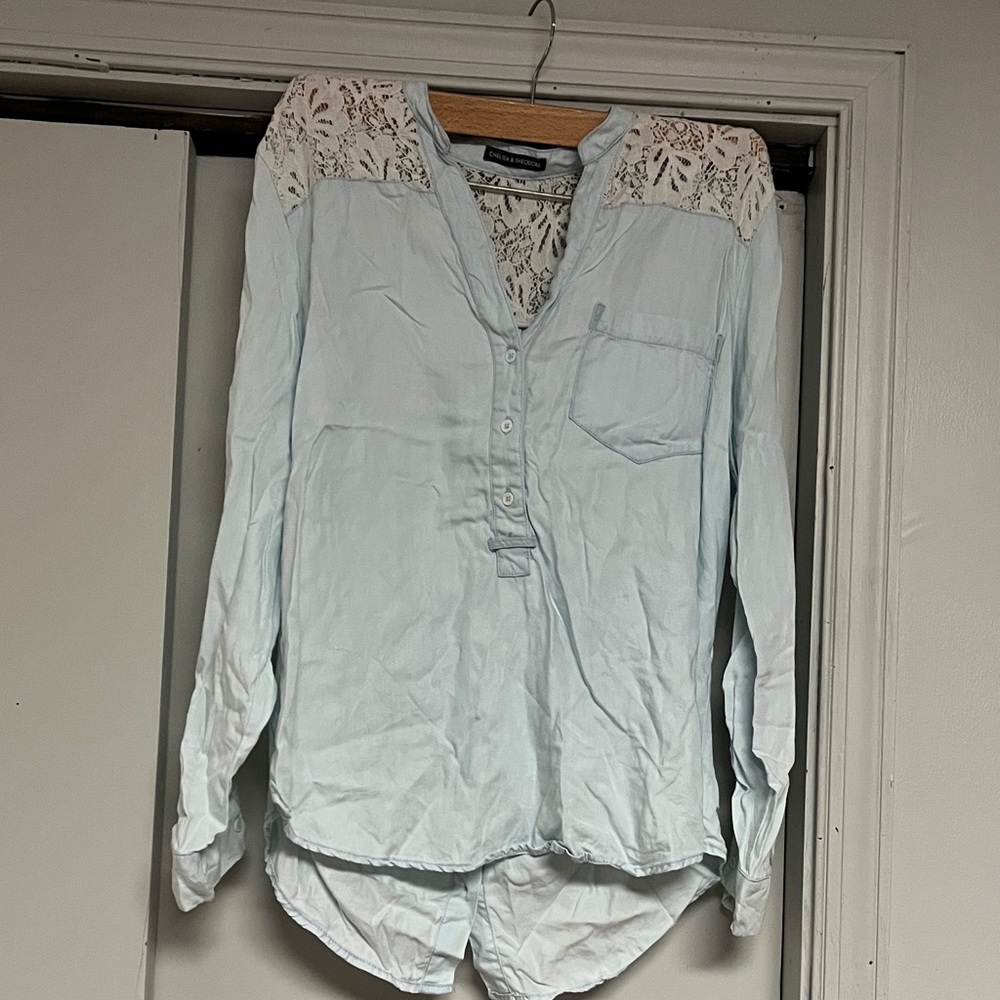Chelsea & Theodore Sky Blue Lace Detail Blouse